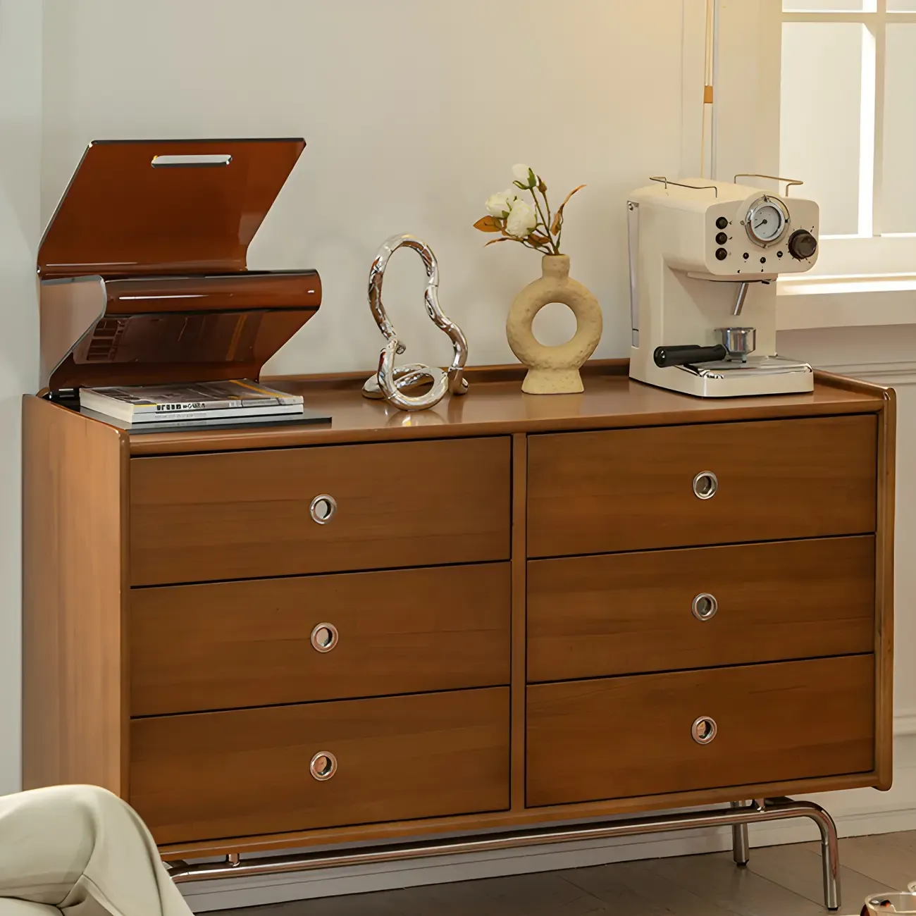 Stylish Pine Wooden Black Double Dresser Chest for Bedroom Image - 17