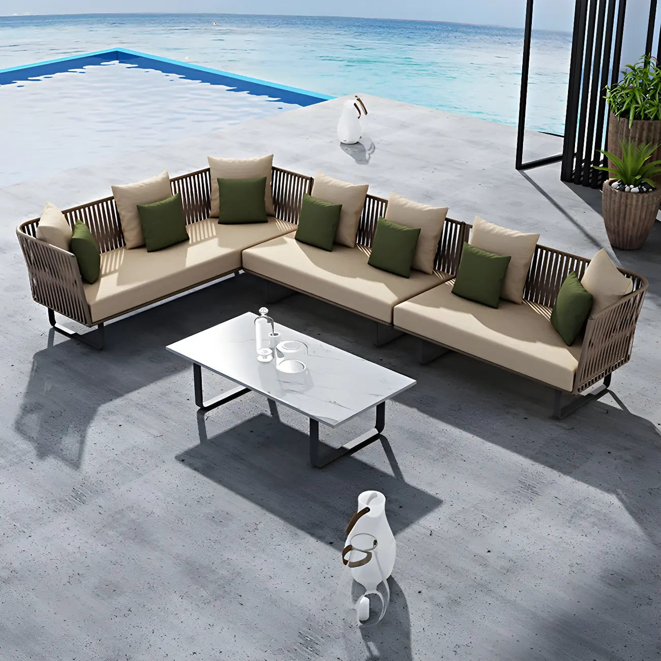 Modern Farmhouse Patio Sectional, Beige Metal Frame Image - 1 | homeyfad