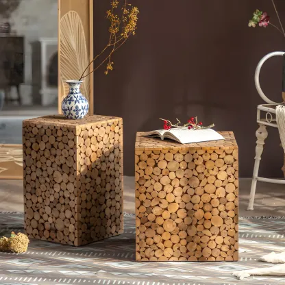Rustic Solid Wood Square End Table For Living Room Image - 4