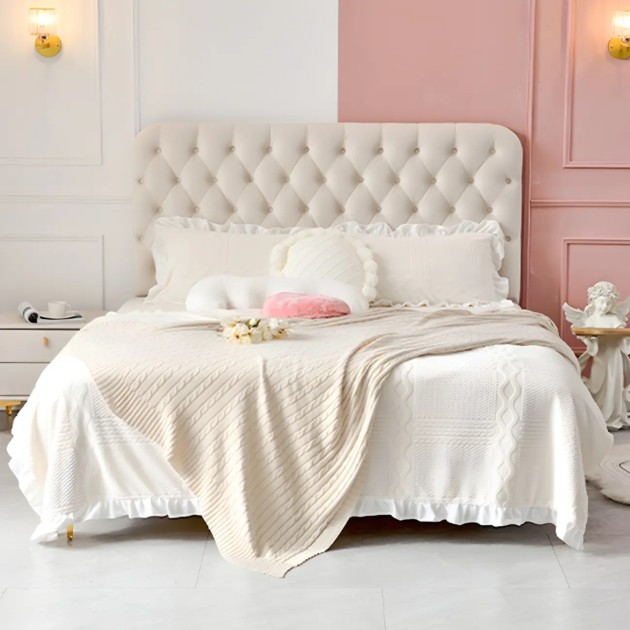 Contemporary Wood Upholstered Platform Bed with High Back Image - 2 | homeyfad