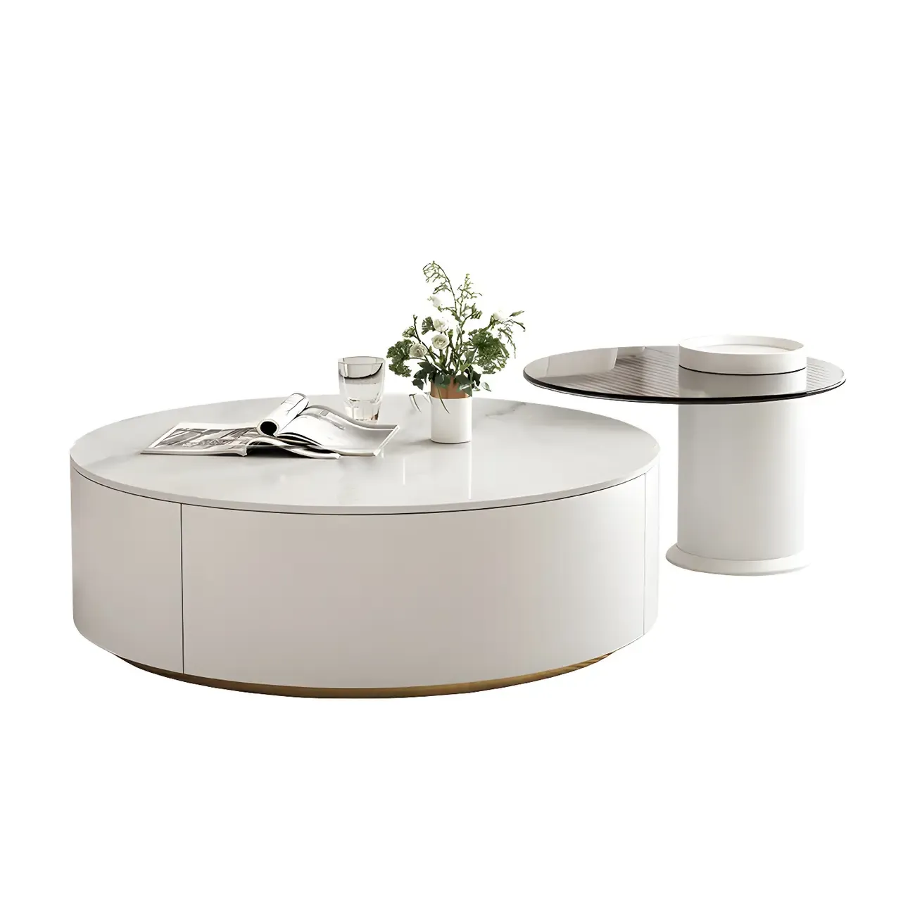Slate Top White Round Modern Wood Drawer Coffee Table Image - 9