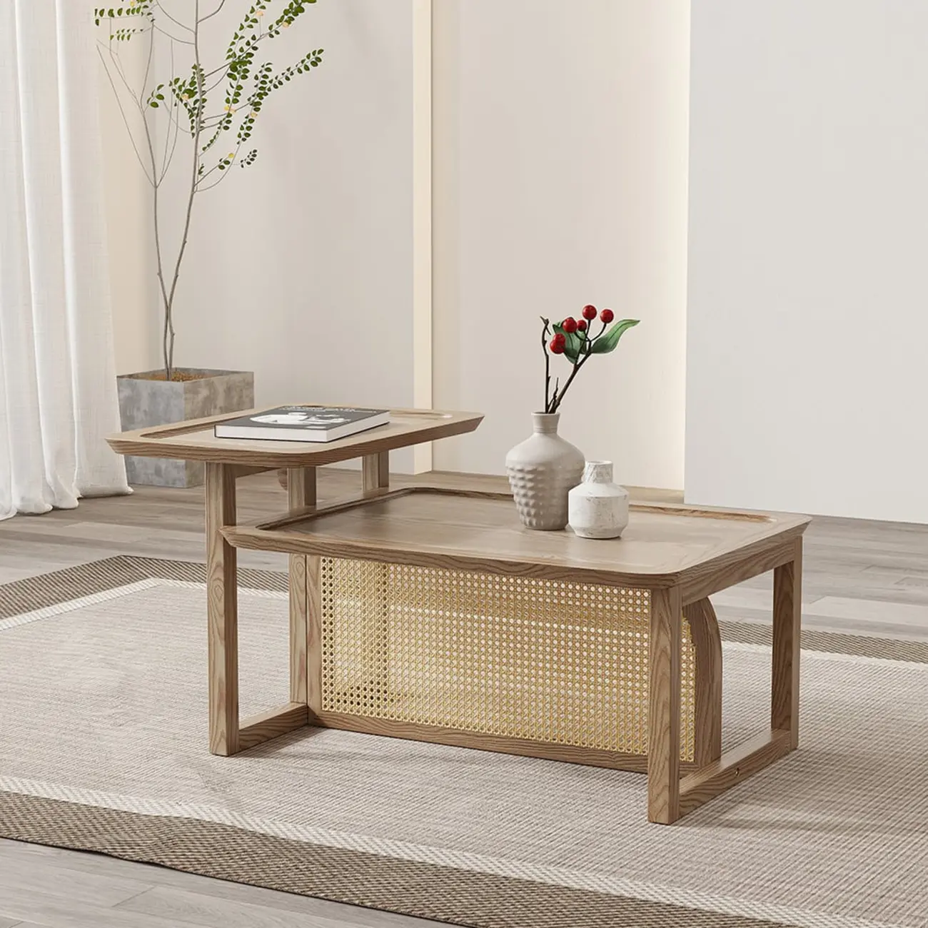 Coffee Table Set in Ash Wood and Rattan with Nesting Design Image - 6 | homeyfad