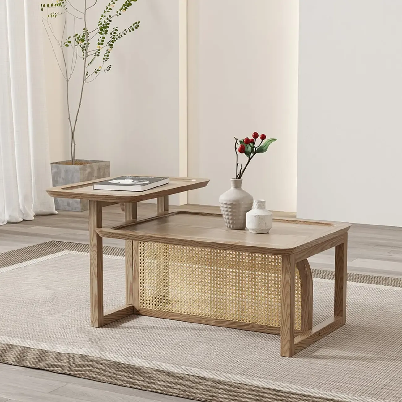 Coffee Table Set in Ash Wood and Rattan with Nesting Design Image - 6