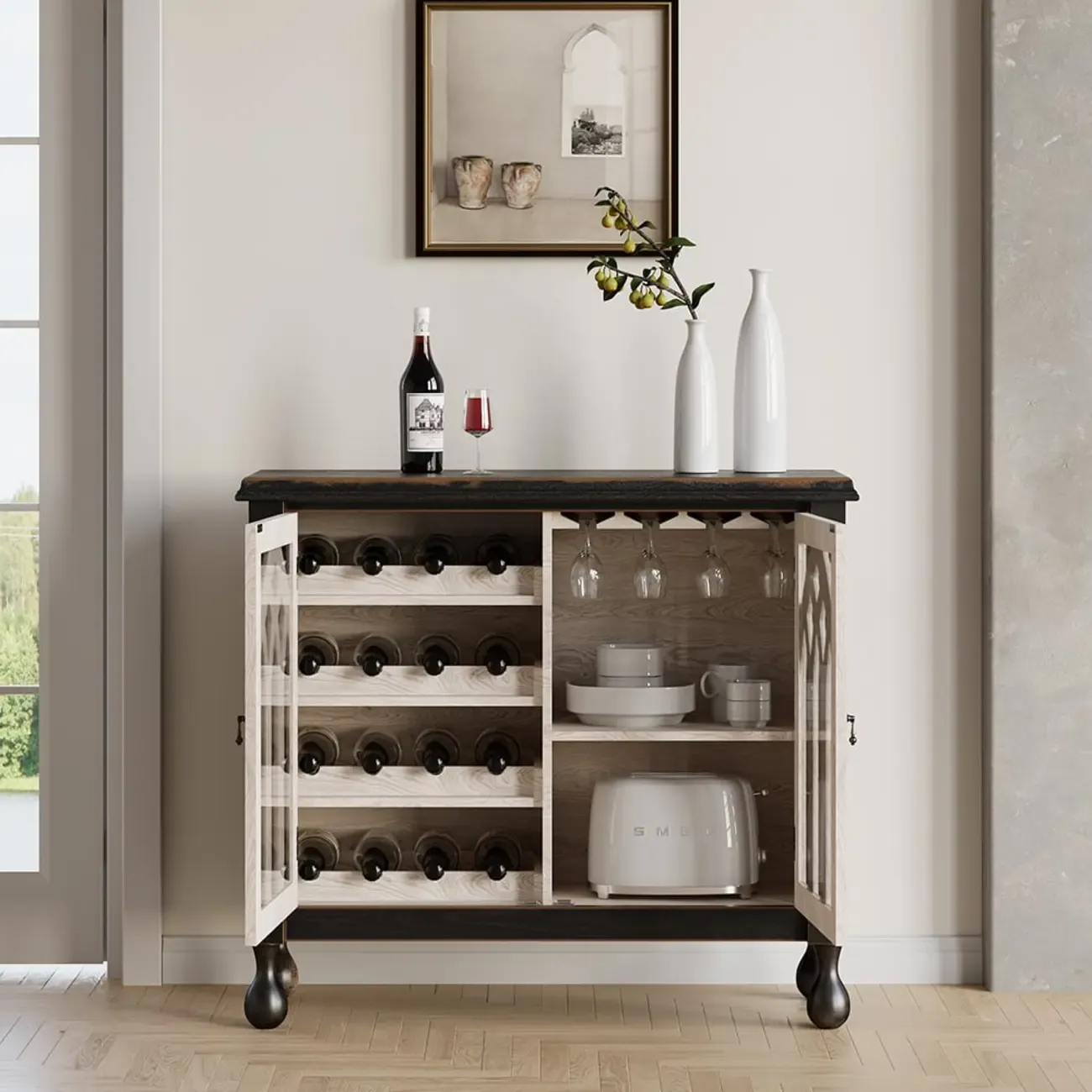 Traditional Black MDF Wine Rack Cabinet with Doors Image - 4