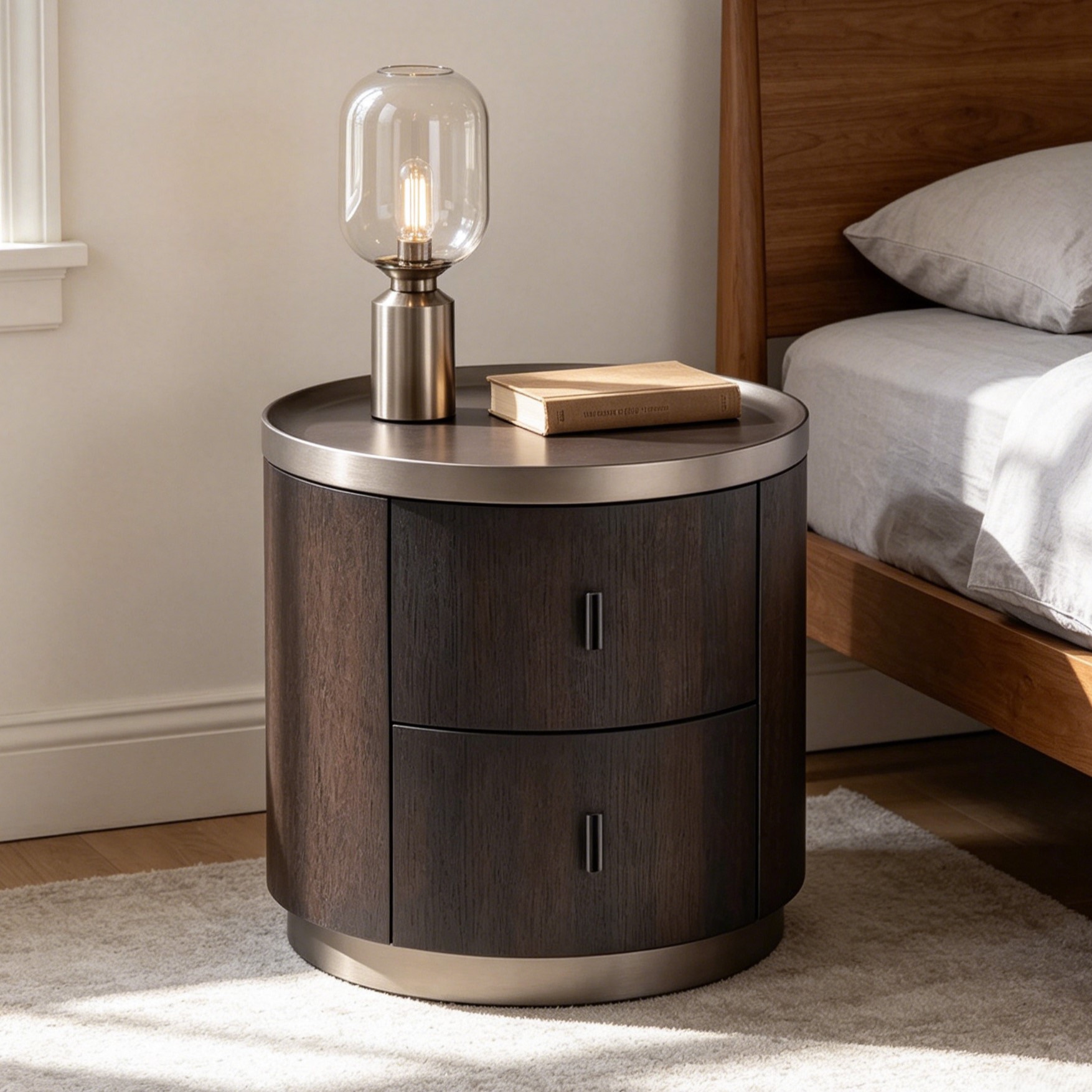 Luxury Brown Wood Round Nightstand with 2-Drawer | homeyfad