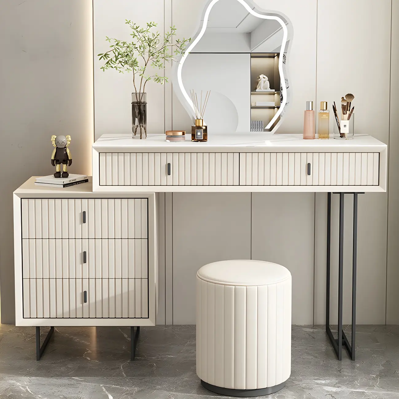 5-Drawer White Stone Top Makeup Vanity Set with Mirror Image - 1 | homeyfad