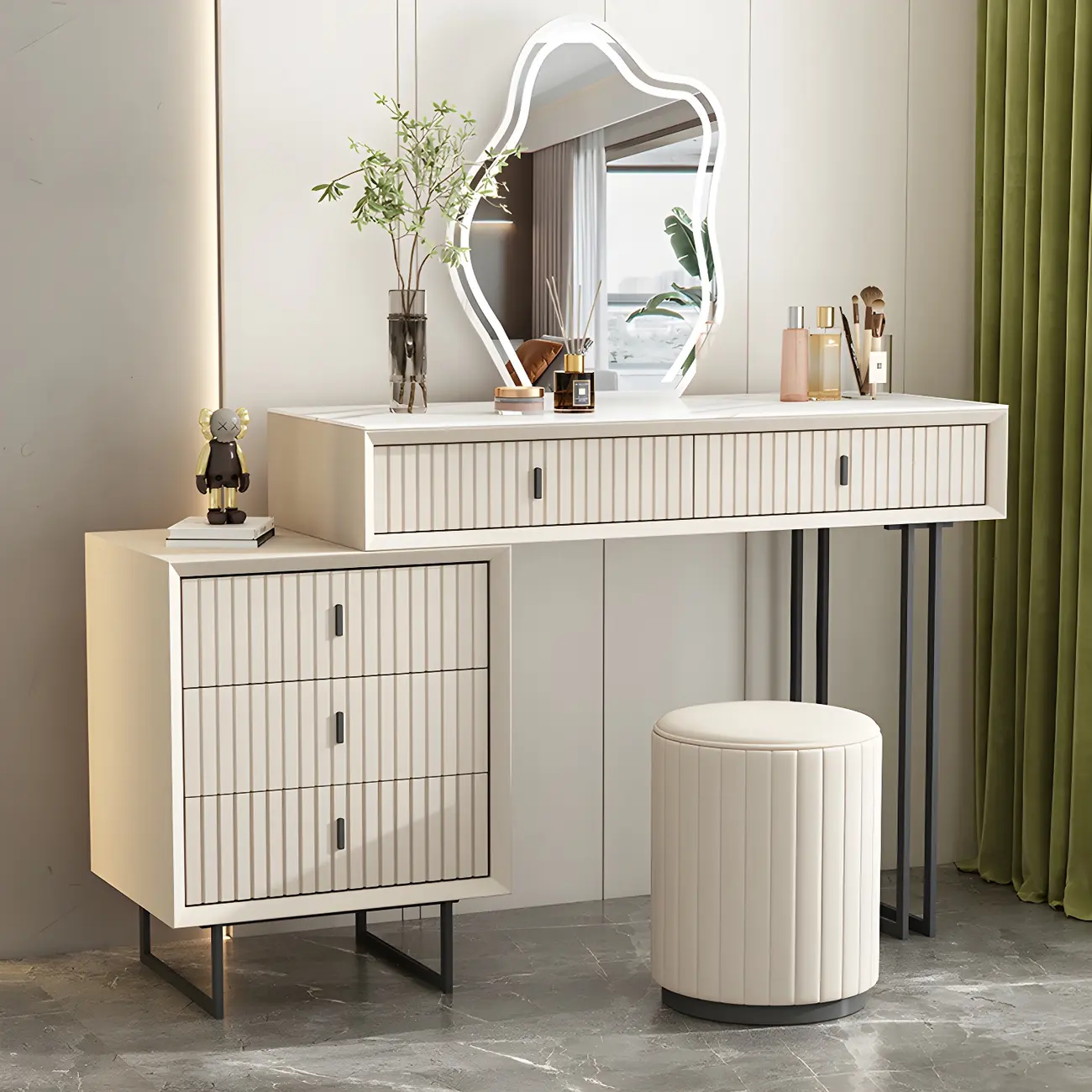 5-Drawer White Stone Top Makeup Vanity Set with Mirror Image - 2 | homeyfad