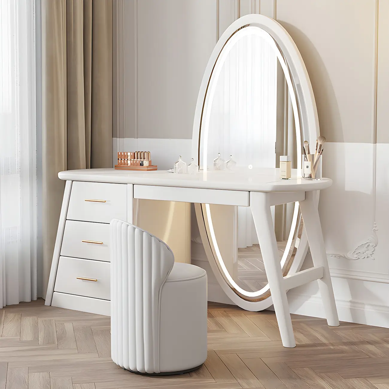 LED Mirror Wood Makeup Vanity Set with Drawers | homeyfad