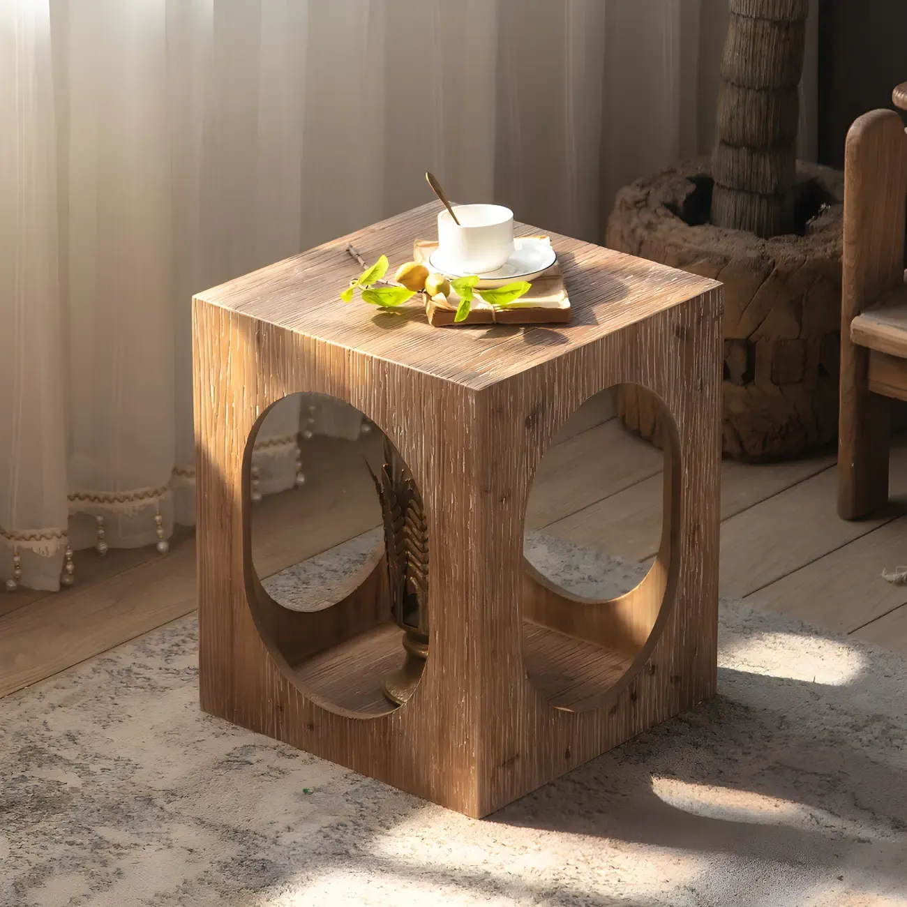 Rustic Square Distressed Wood Side Table with Open Storage Image - 1