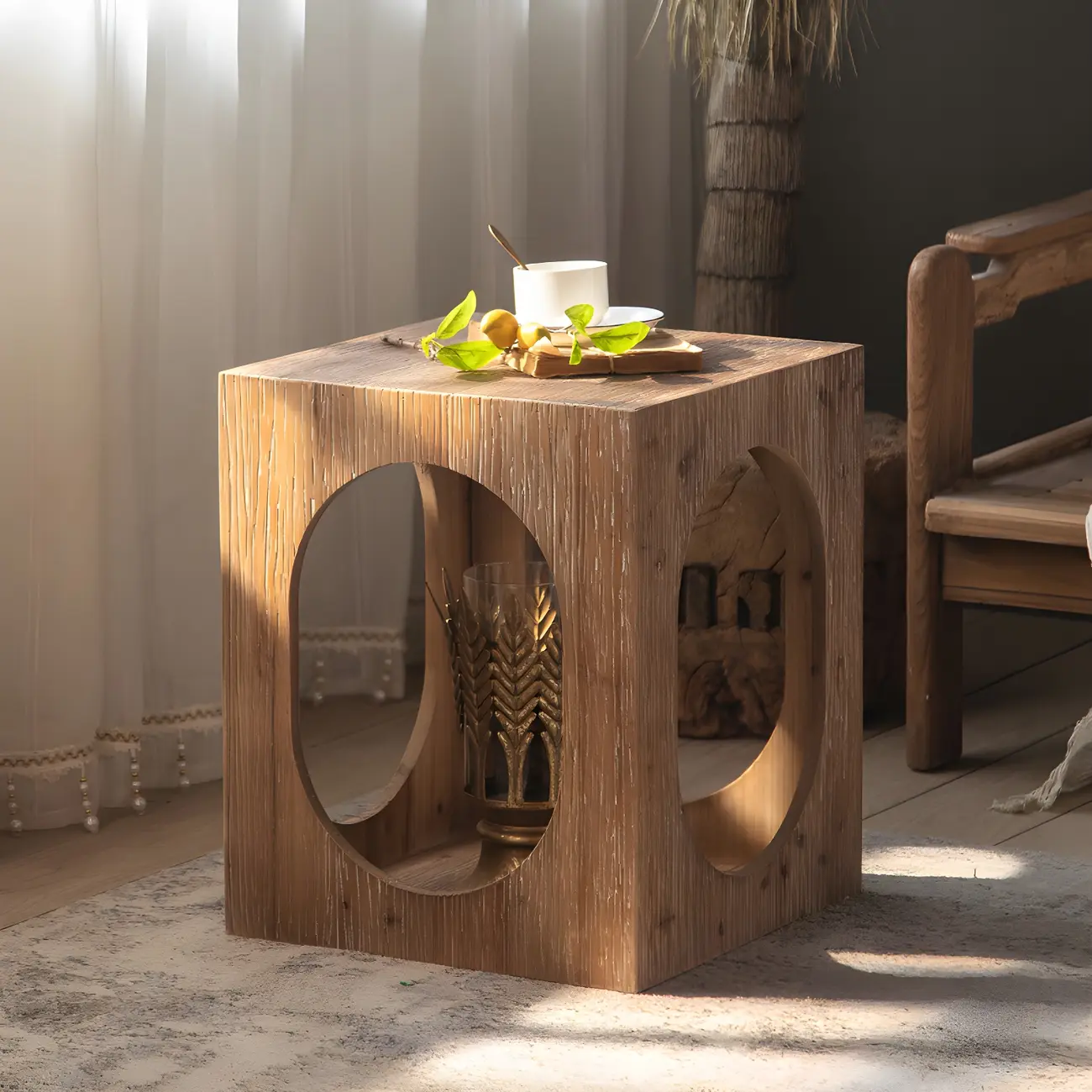 Rustic Square Distressed Wood Side Table with Open Storage Image - 5 | homeyfad