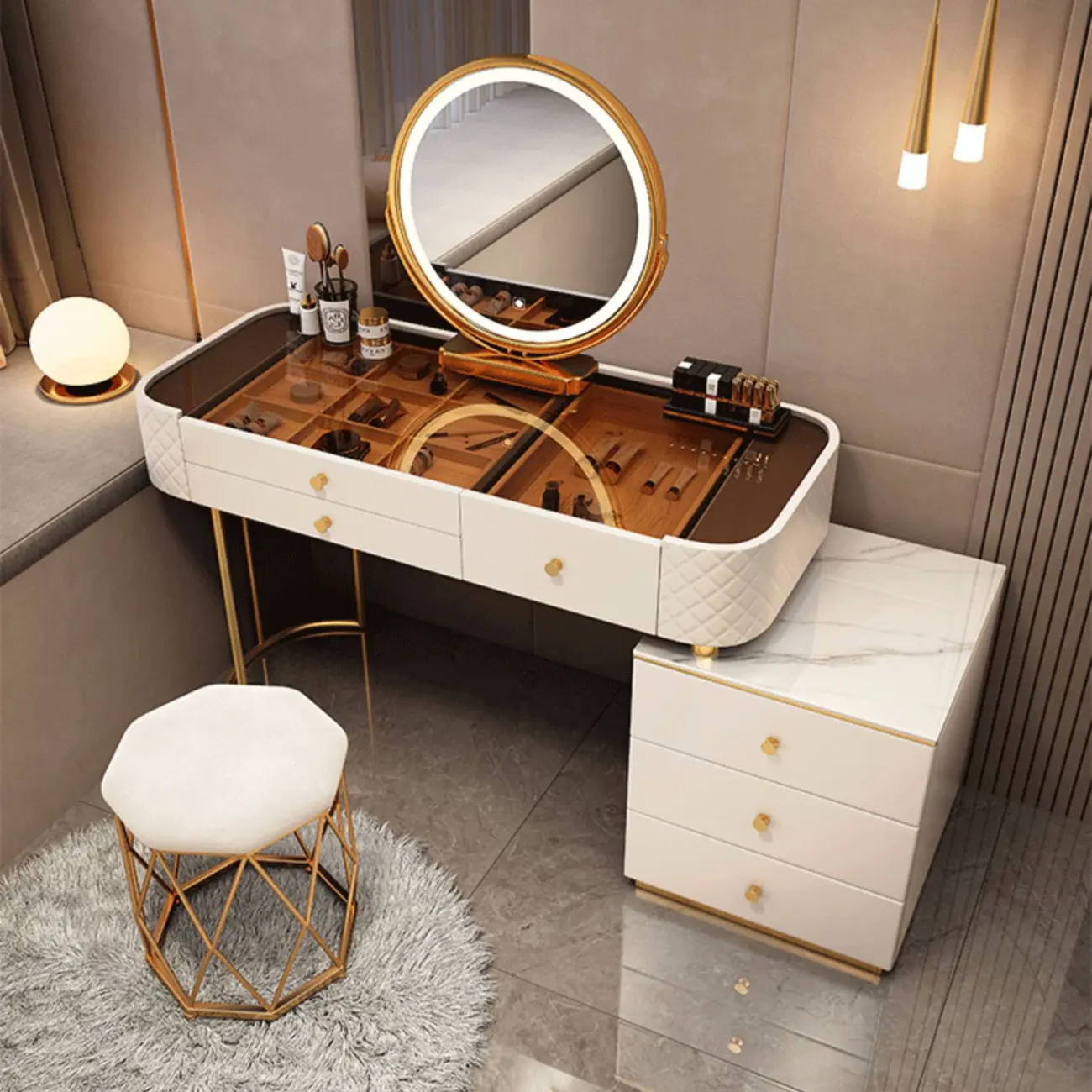 Luxury Glass Top Makeup Vanity Set with LED Mirror Image - 2 | homeyfad