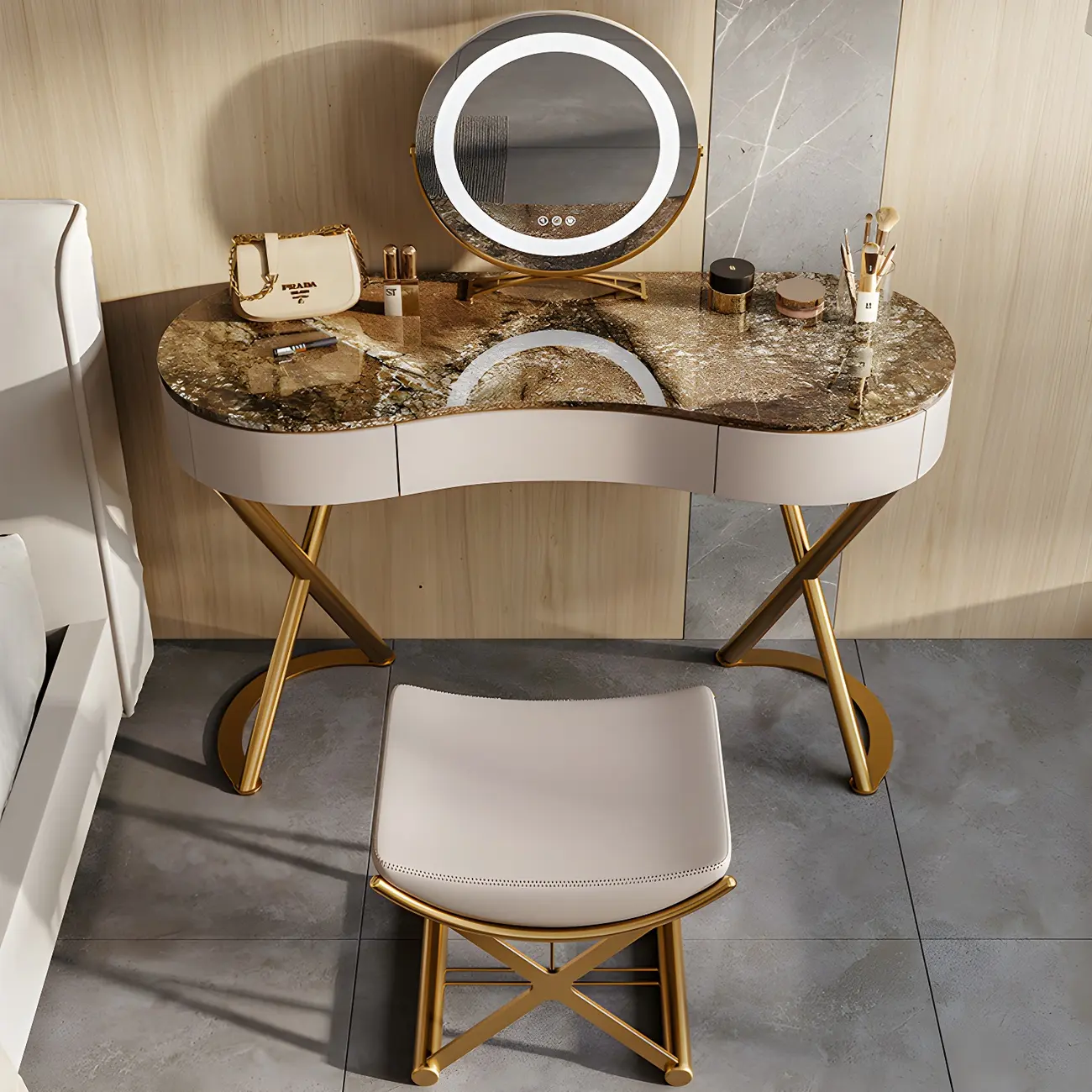 Glam Metal Brown Makeup Vanity X-shaped Legs Image - 1 | homeyfad