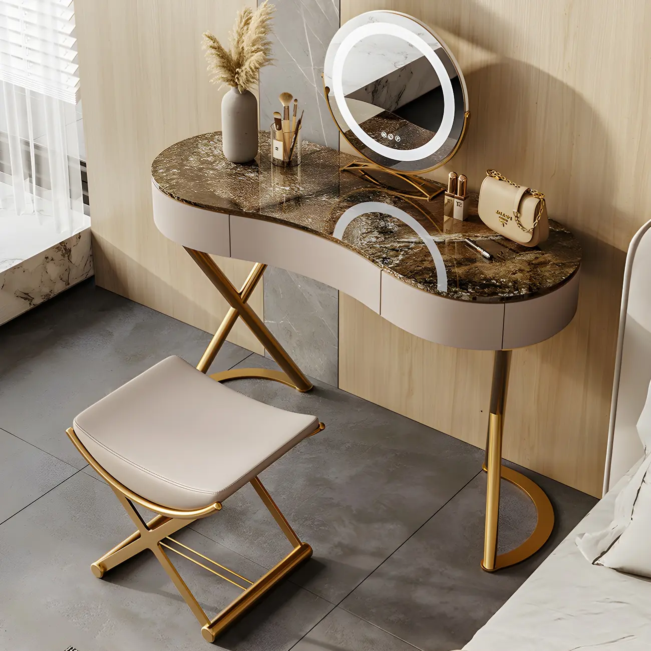 Glam Metal Brown Makeup Vanity X-shaped Legs Image - 2 | homeyfad