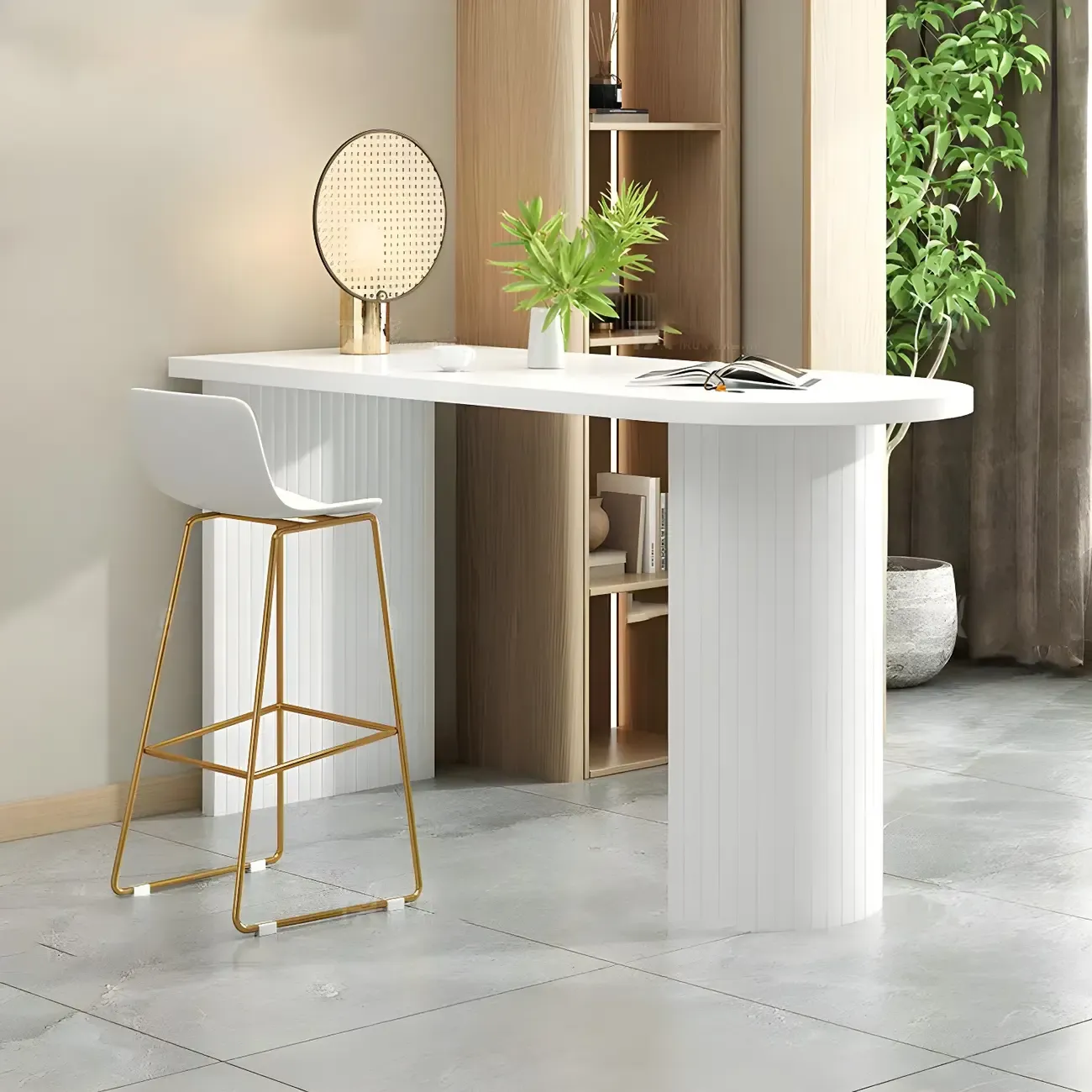 Modern White Free Form Wood Ribbed Metal Bar Tables Image - 1