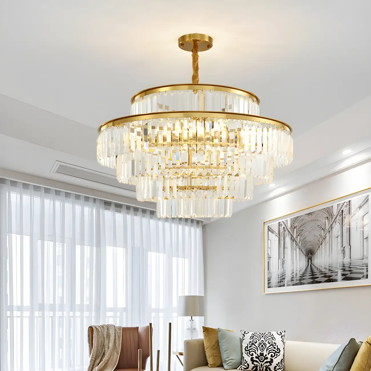 Luxurious Cylinder 4/5 Tiers Gold Crystal Chandelier Image - 1