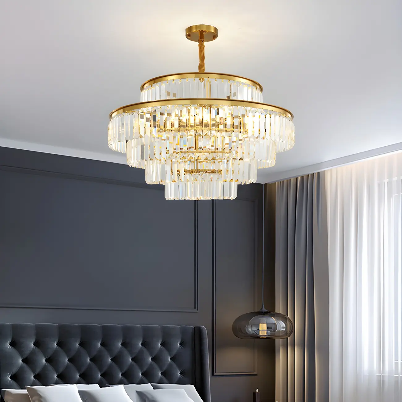 Luxurious Cylinder 4/5 Tiers Gold Crystal Chandelier Image - 3 | homeyfad