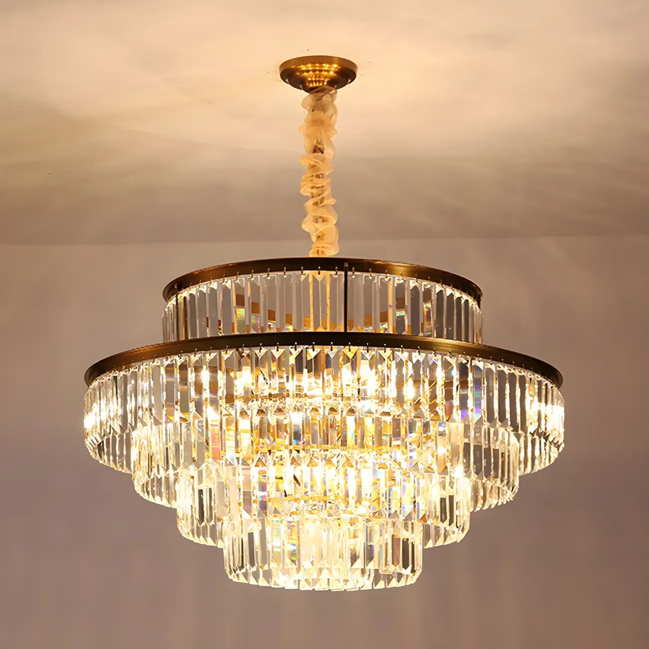 Luxurious Cylinder 4/5 Tiers Gold Crystal Chandelier Image - 9