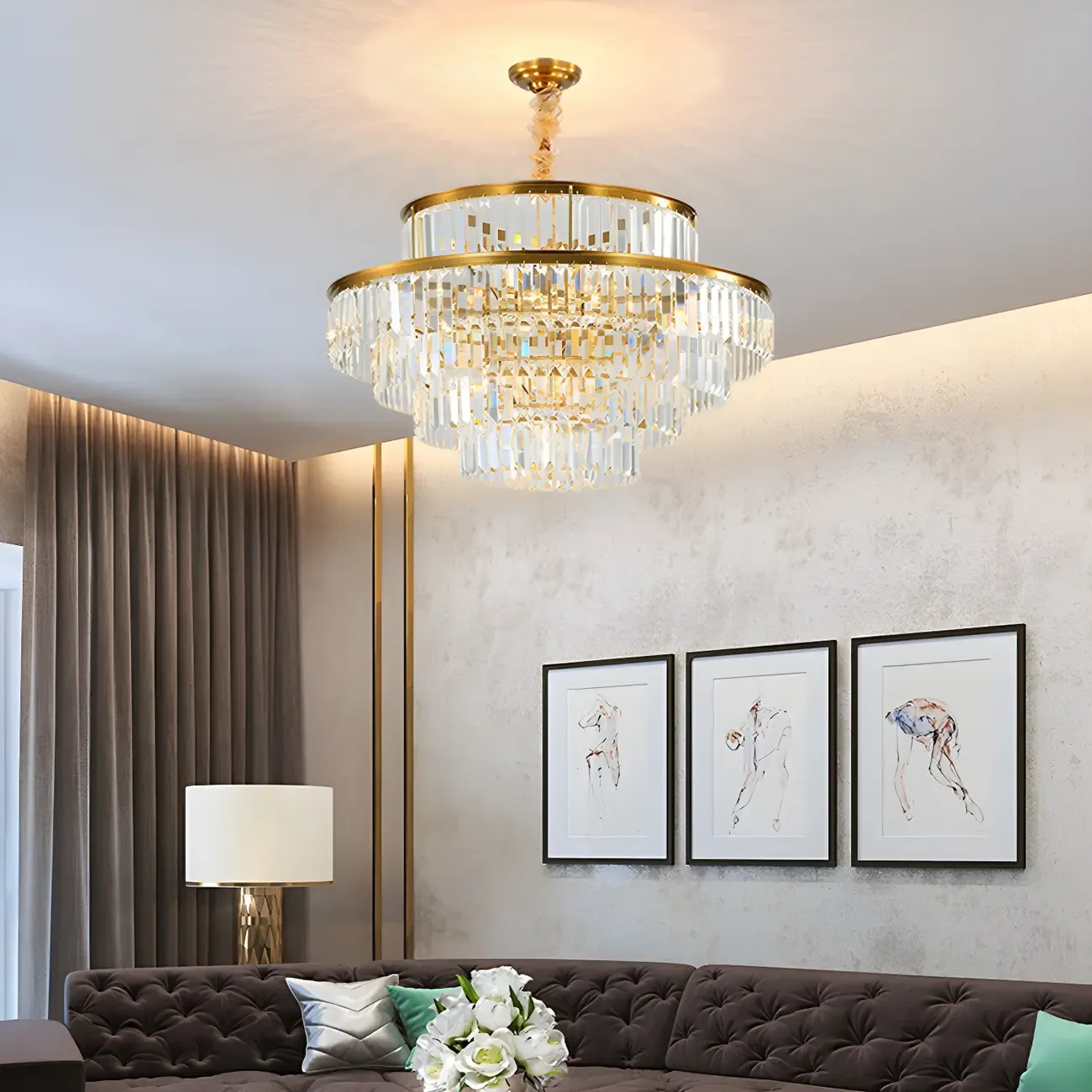 Luxurious Cylinder 4/5 Tiers Gold Crystal Chandelier Image - 14