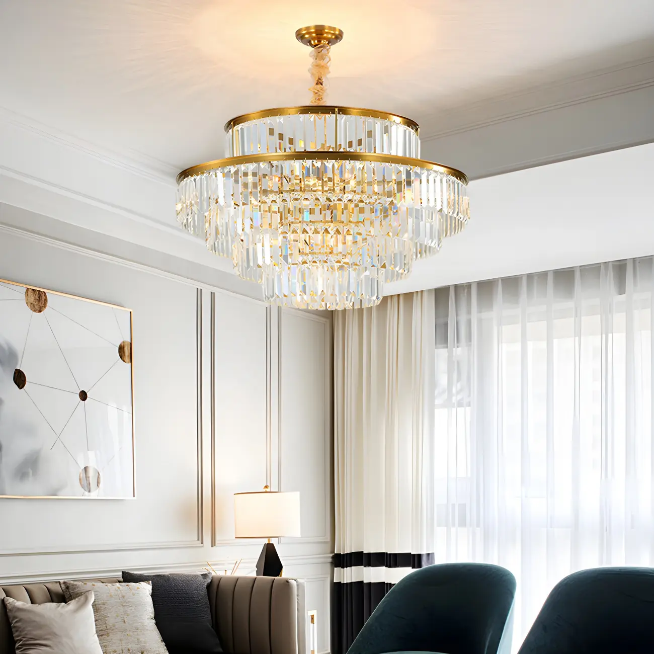 Luxurious Cylinder 4/5 Tiers Gold Crystal Chandelier Image - 15 | homeyfad