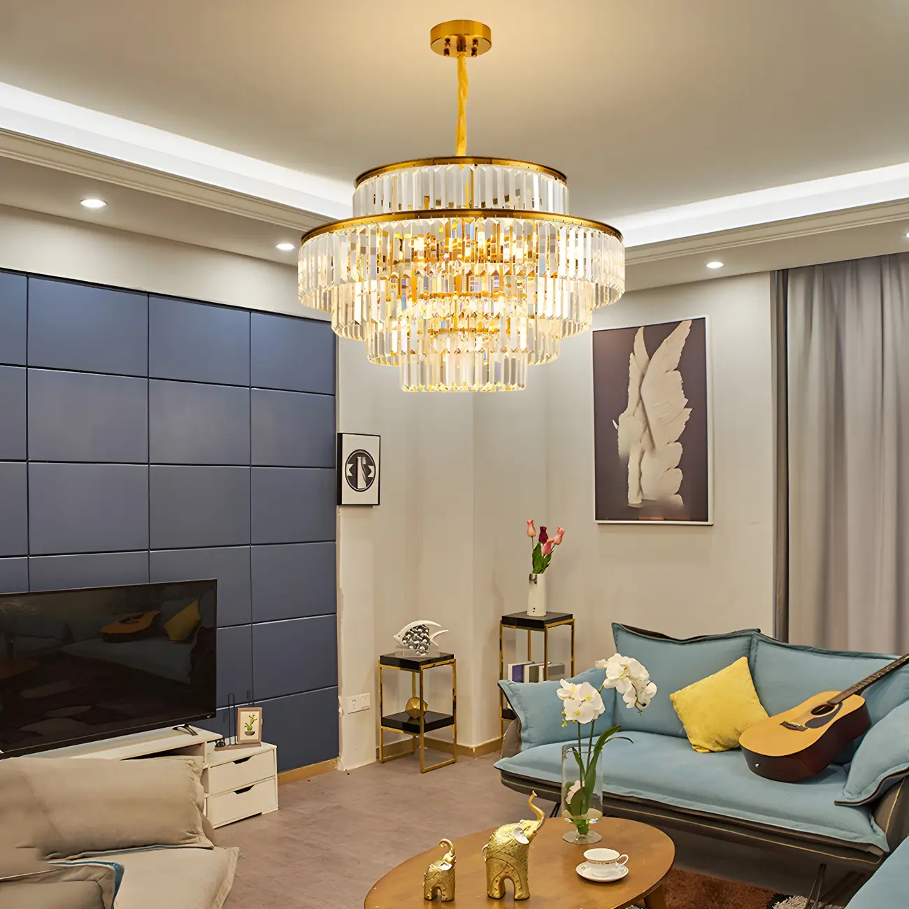 Luxurious Cylinder 4/5 Tiers Gold Crystal Chandelier Image - 17 | homeyfad