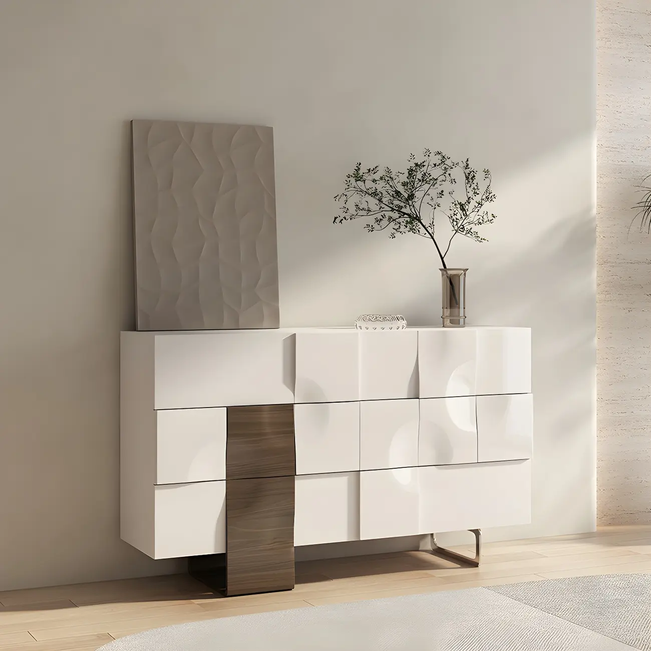 Unique White Wooden Dresser with Irregular Surface Image - 2 | homeyfad