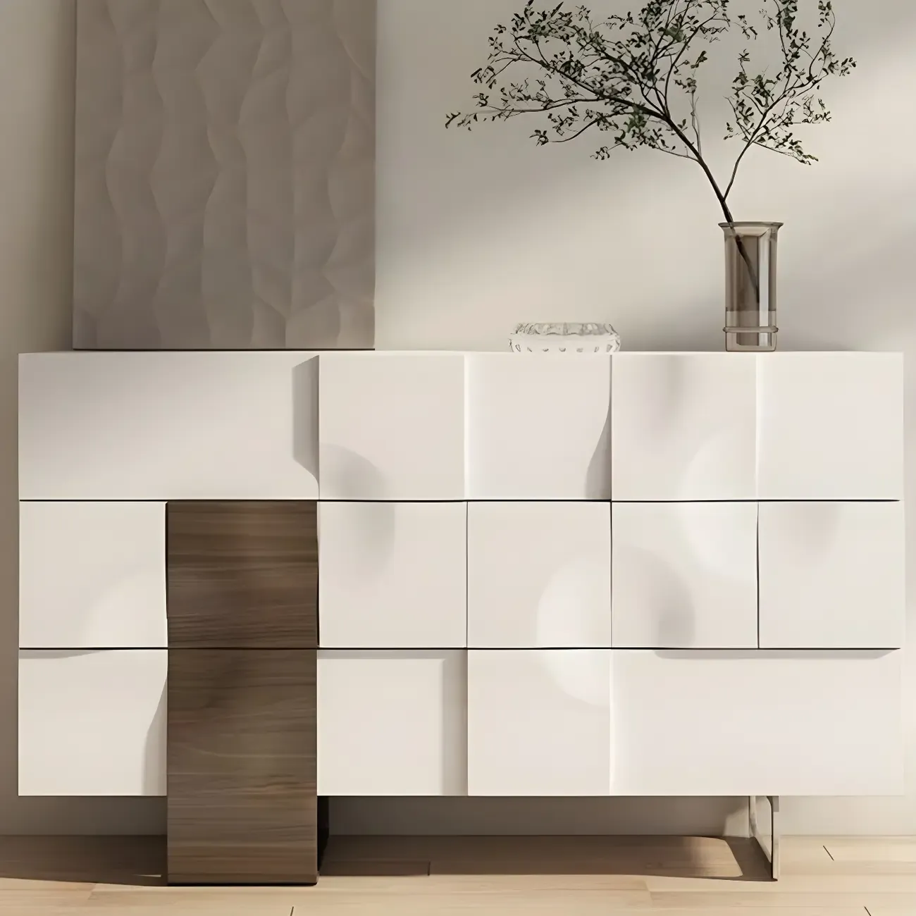 Unique White Wooden Dresser with Irregular Surface Image - 3