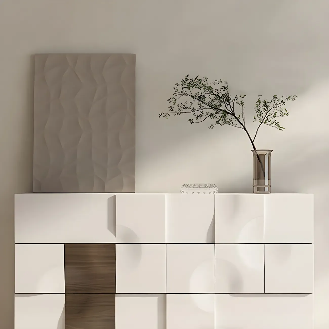 Unique White Wooden Dresser with Irregular Surface Image - 10