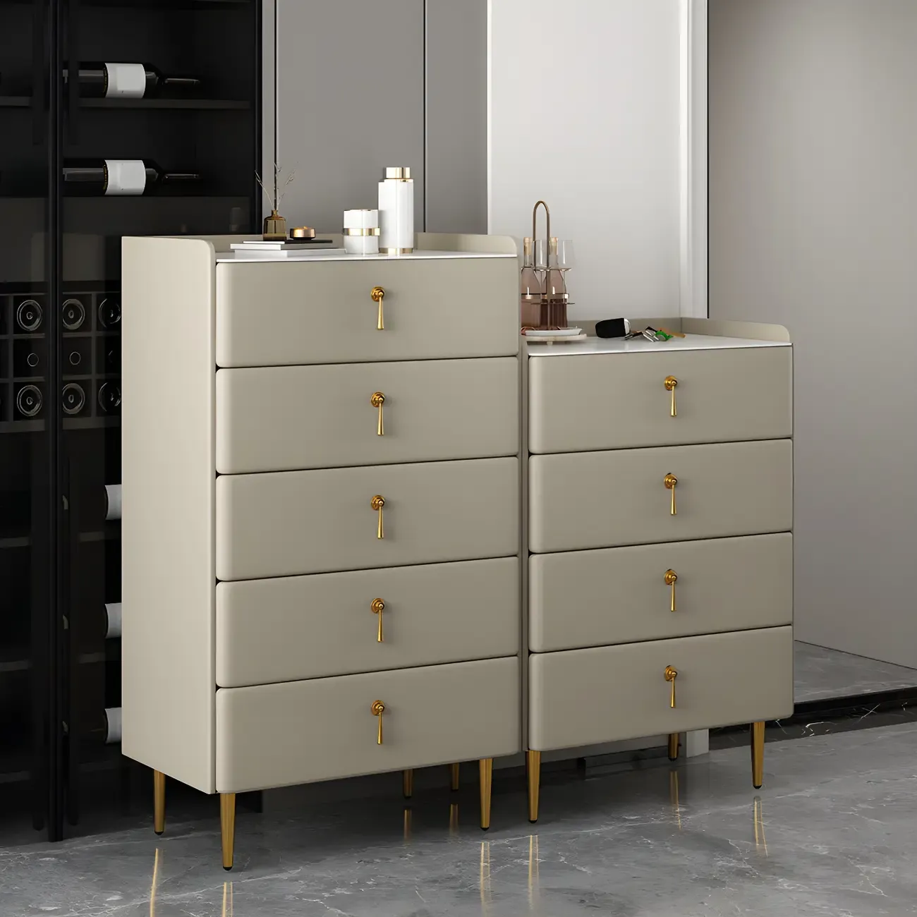 Durable Stone Dresser in Light Gray with Gold Handles Image - 1
