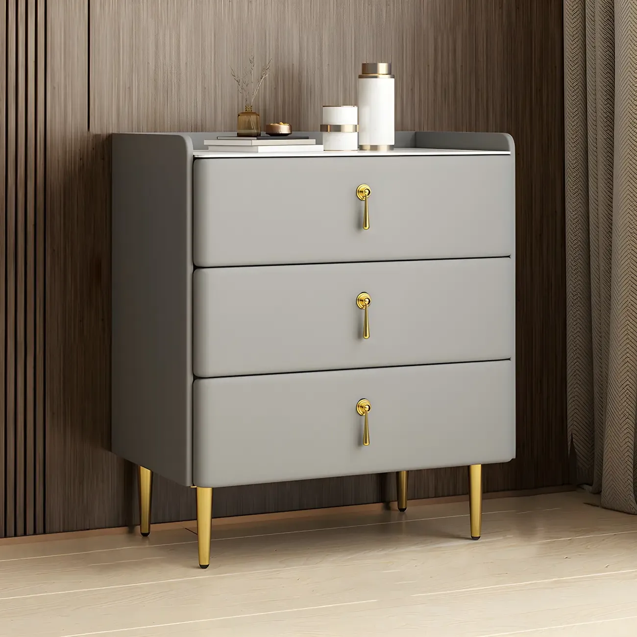 Durable Stone Dresser in Light Gray with Gold Handles Image - 3
