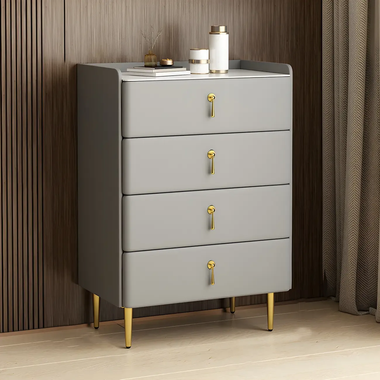 Durable Stone Dresser in Light Gray with Gold Handles Image - 4