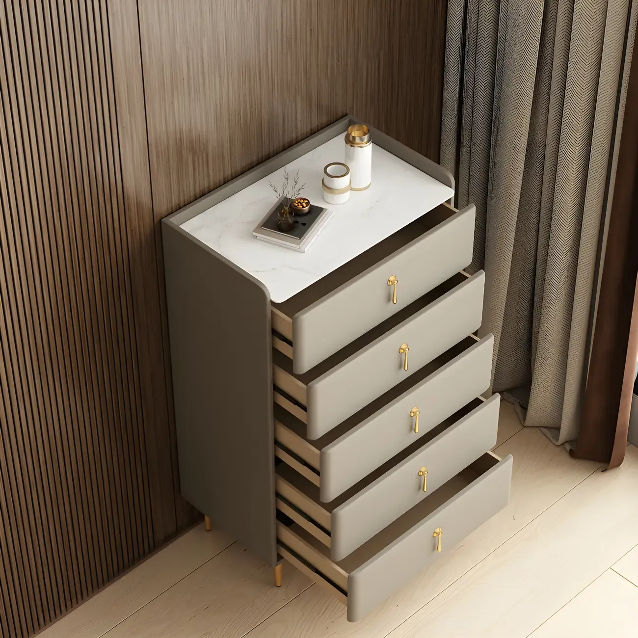 Durable Stone Dresser in Light Gray with Gold Handles Image - 5