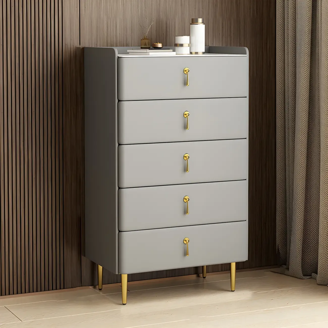 Durable Stone Dresser in Light Gray with Gold Handles Image - 6