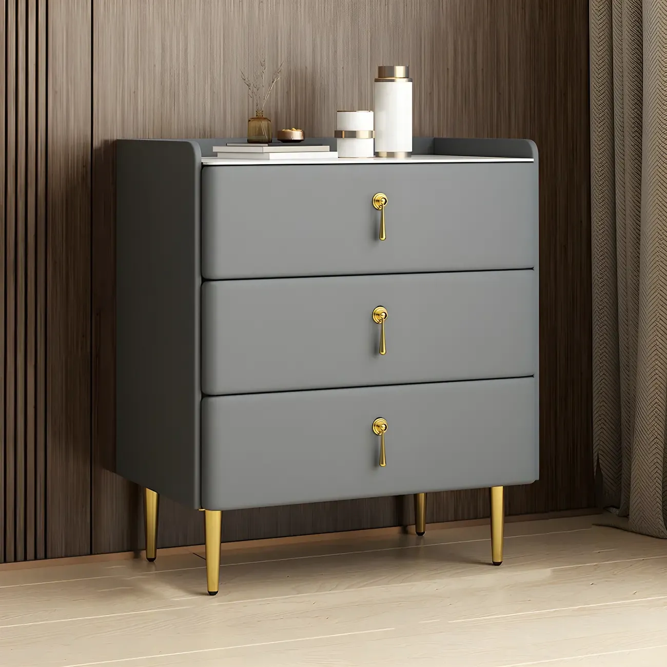 Durable Stone Dresser in Light Gray with Gold Handles Image - 8