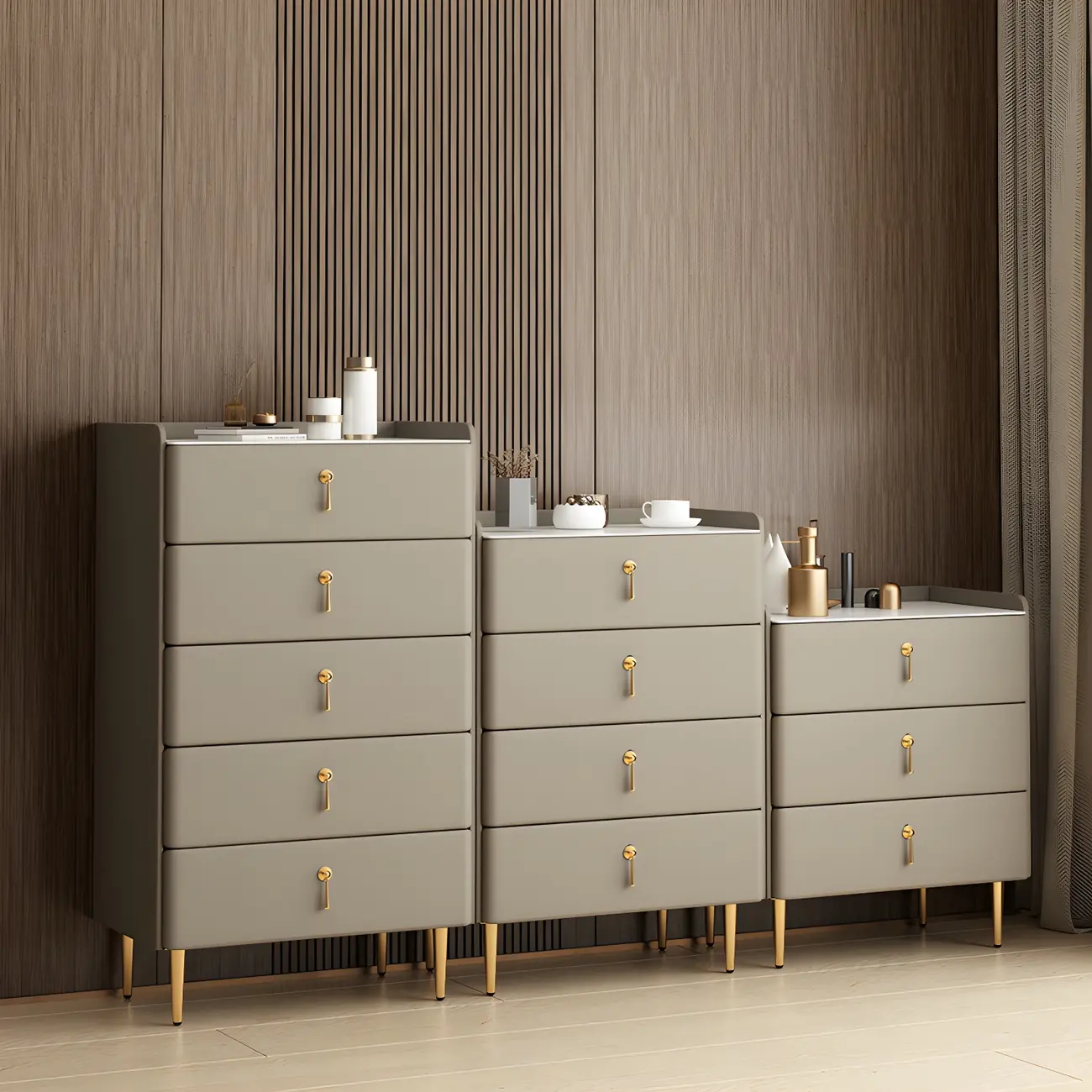 Durable Stone Dresser in Light Gray with Gold Handles Image - 9 | homeyfad
