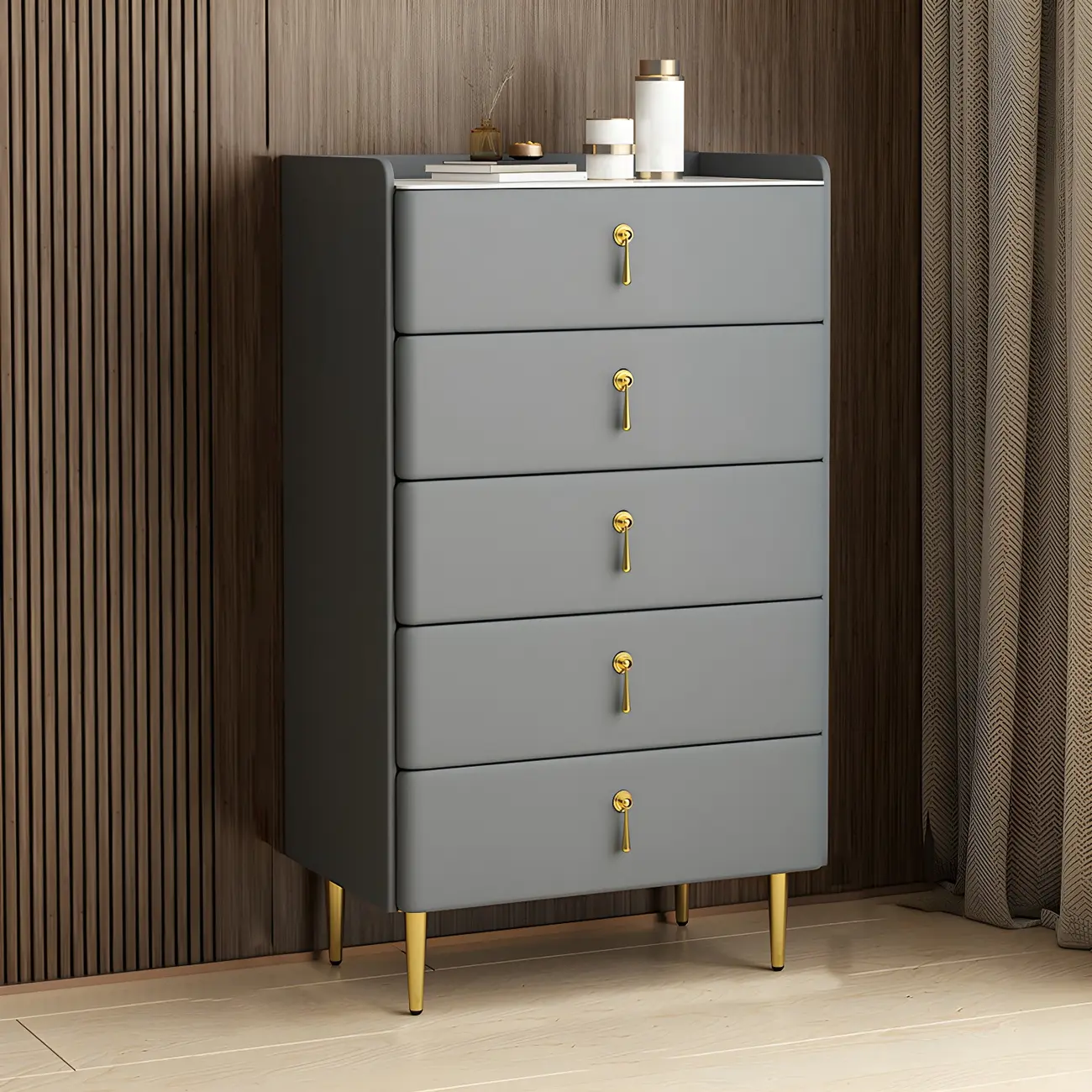 Durable Stone Dresser in Light Gray with Gold Handles Image - 12 | homeyfad