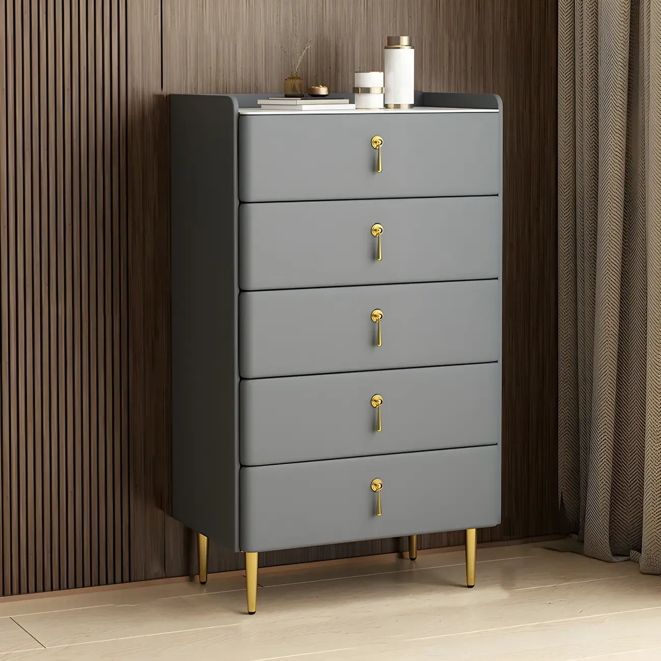 Durable Stone Dresser in Light Gray with Gold Handles Image - 12