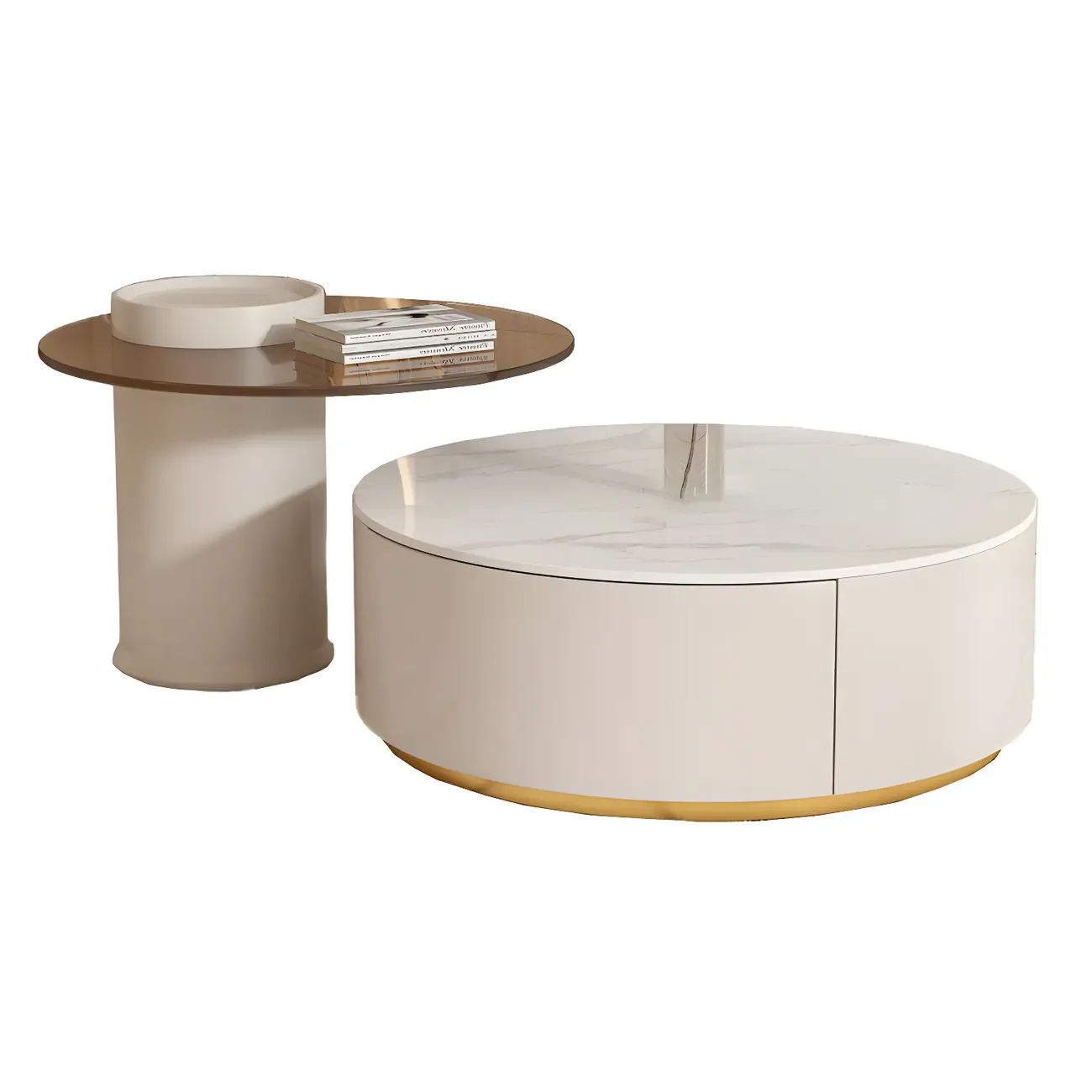 White Modern Round Drum Wood Drawer Coffee Table Image - 10