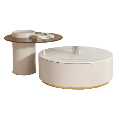 White Modern Round Drum Wood Drawer Coffee Table Image - 10