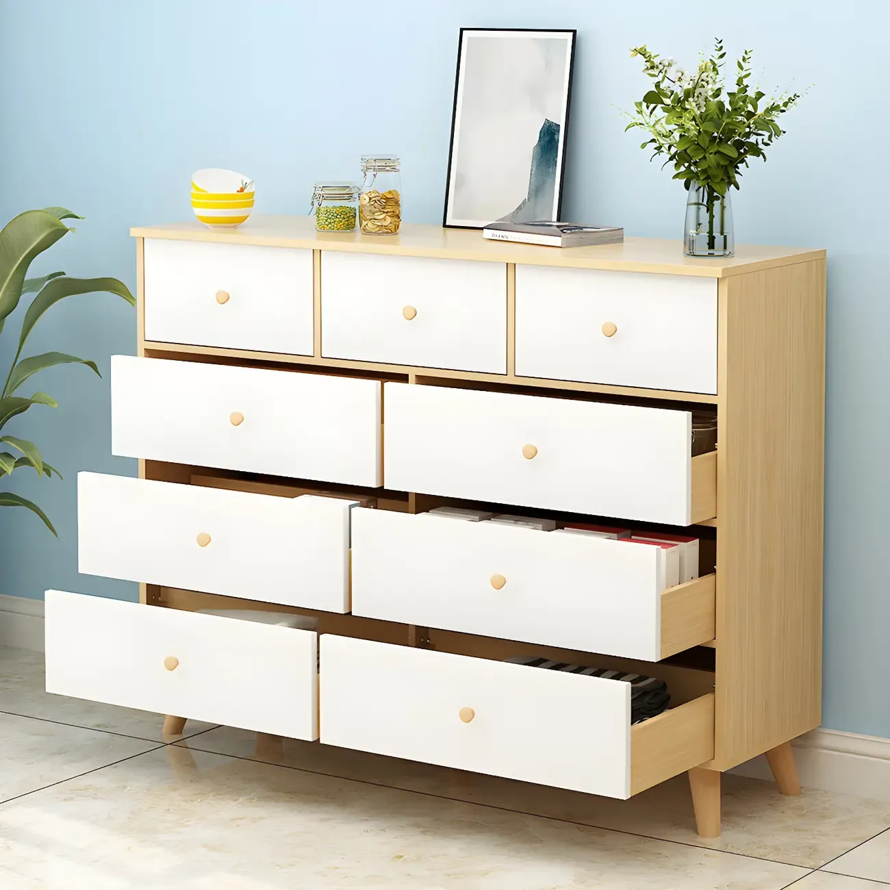 Minimalist Natural Wooden Double Dresser with 9-Drawers Image - 3