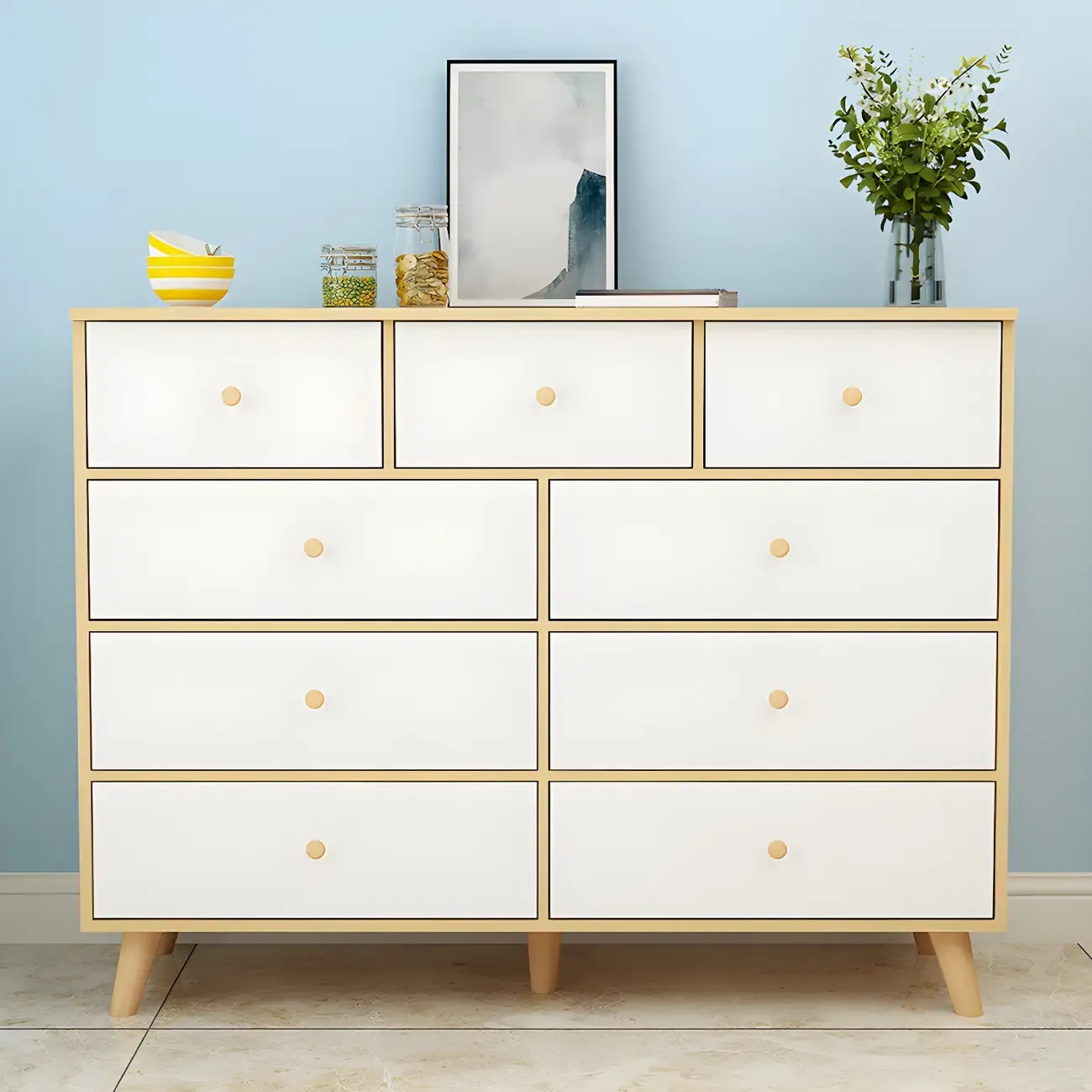 Minimalist Natural Wooden Double Dresser with 9-Drawers Image - 6