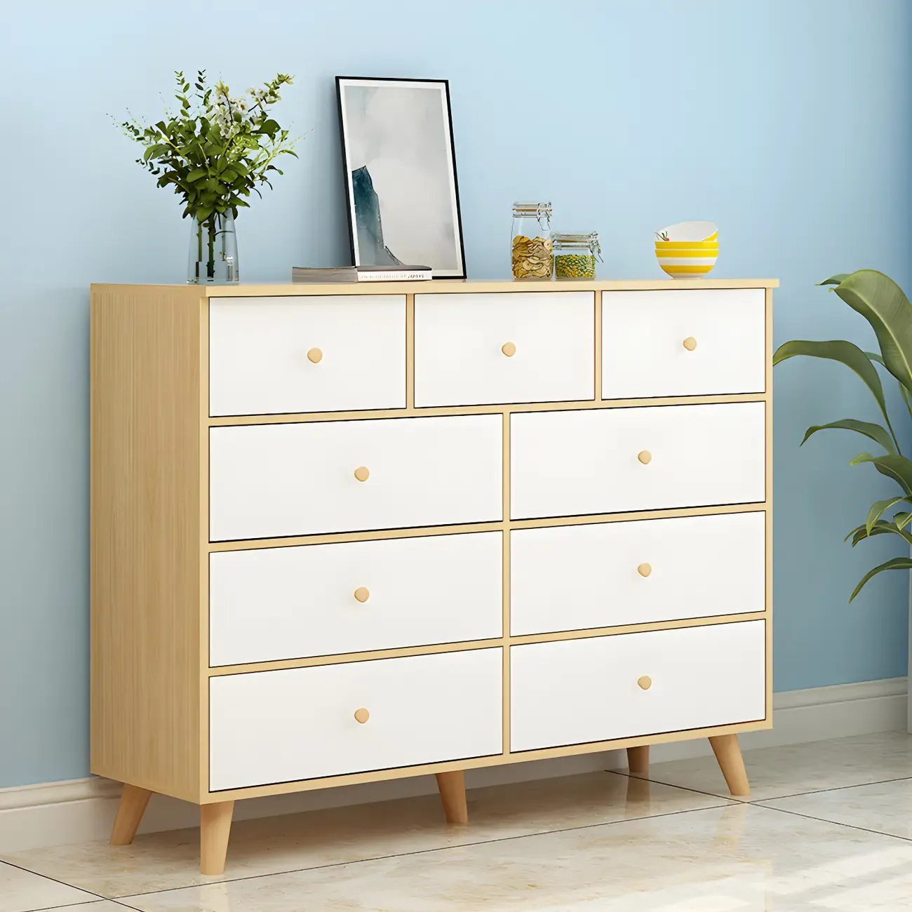 Minimalist Natural Wooden Double Dresser with 9-Drawers Image - 18