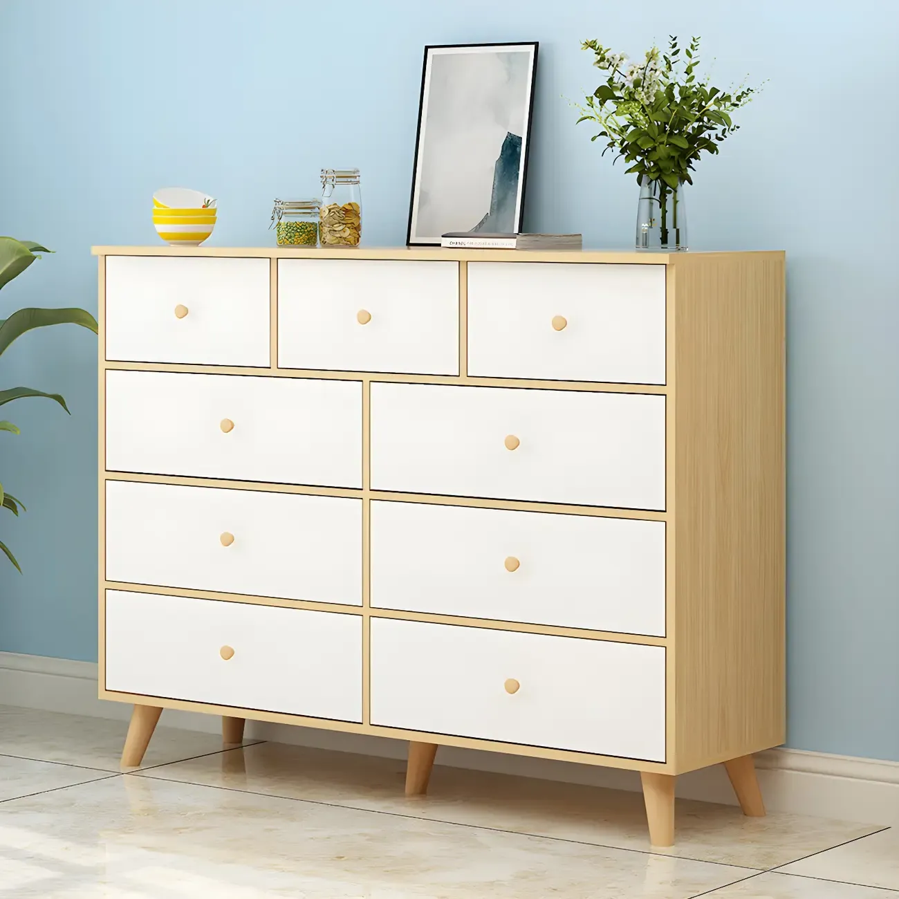 Minimalist Natural Wooden Double Dresser with 9-Drawers Image - 22