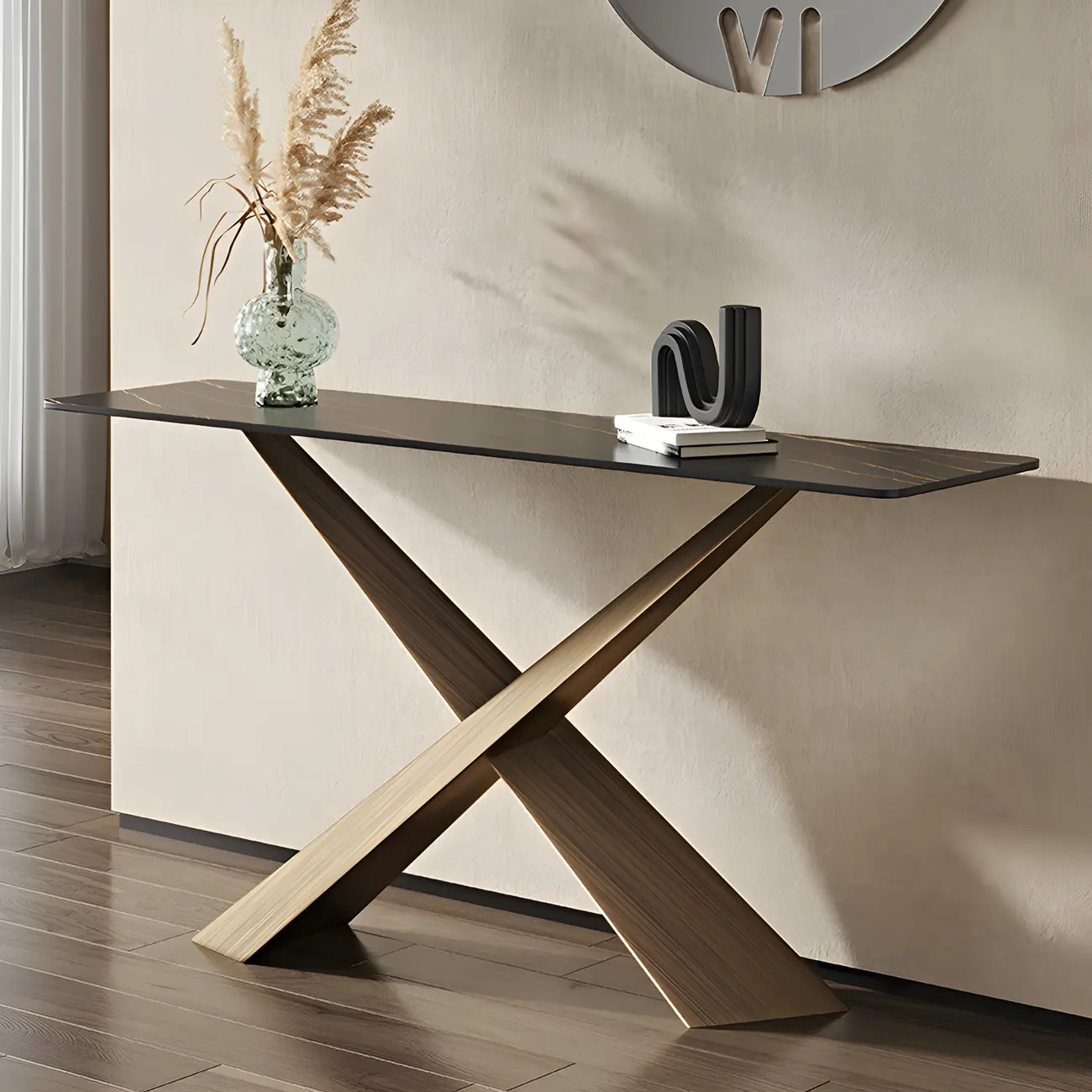 Entryway Rectangular Stone Cross Base Console Table Image - 1 | homeyfad