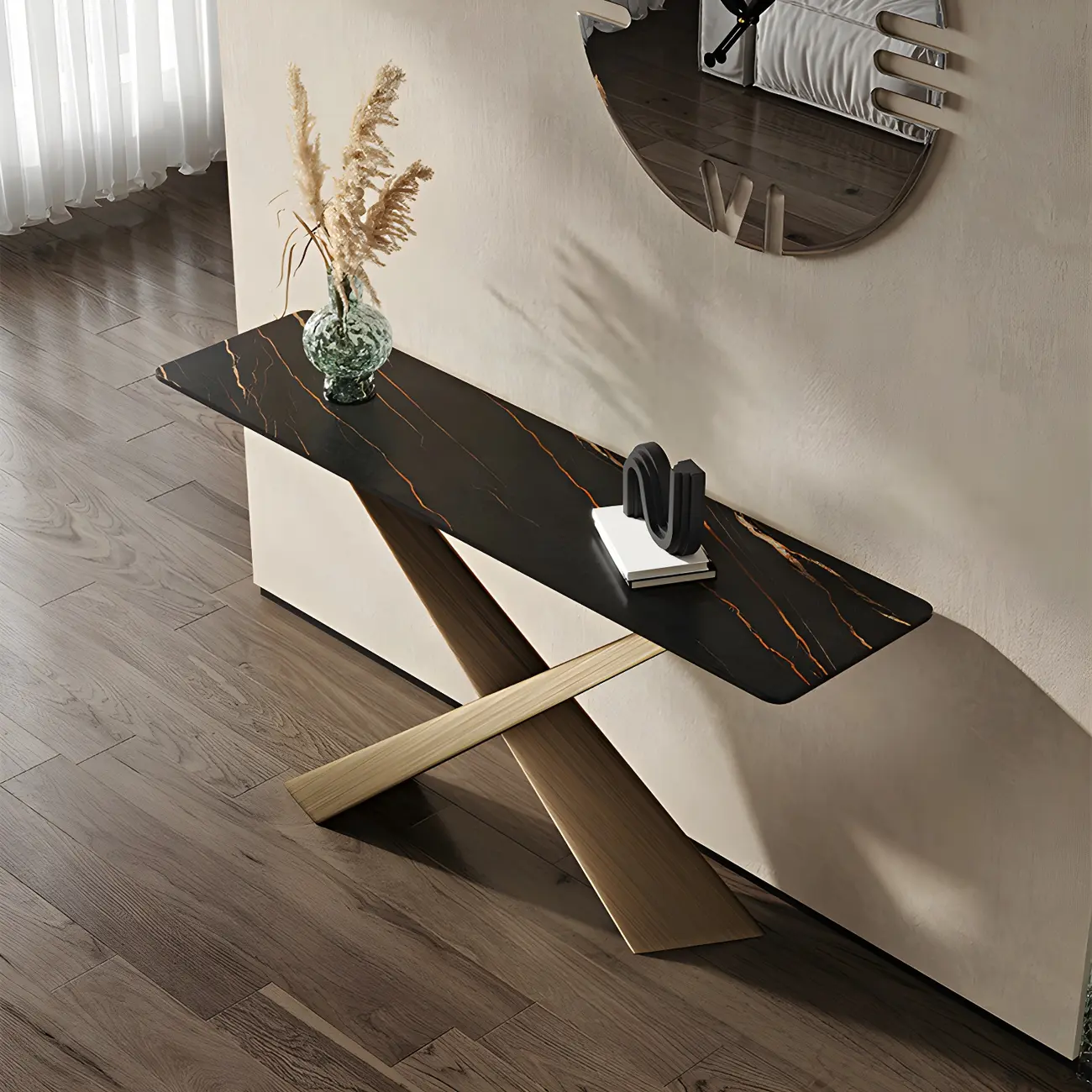 Entryway Rectangular Stone Cross Base Console Table Image - 2 | homeyfad