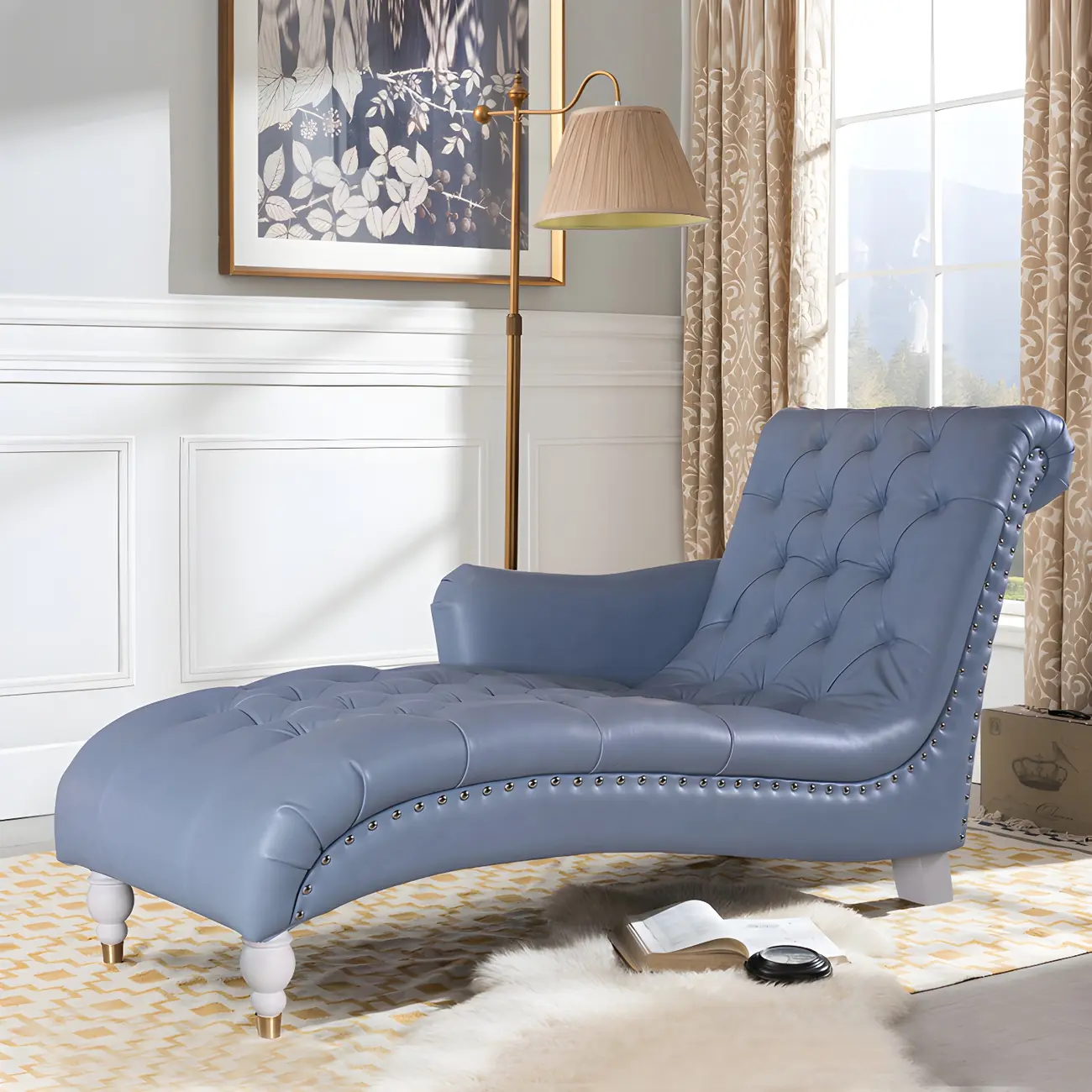 Traditional Genuine Leather Tufted One Armed Chaise Lounge Image - 4 | homeyfad
