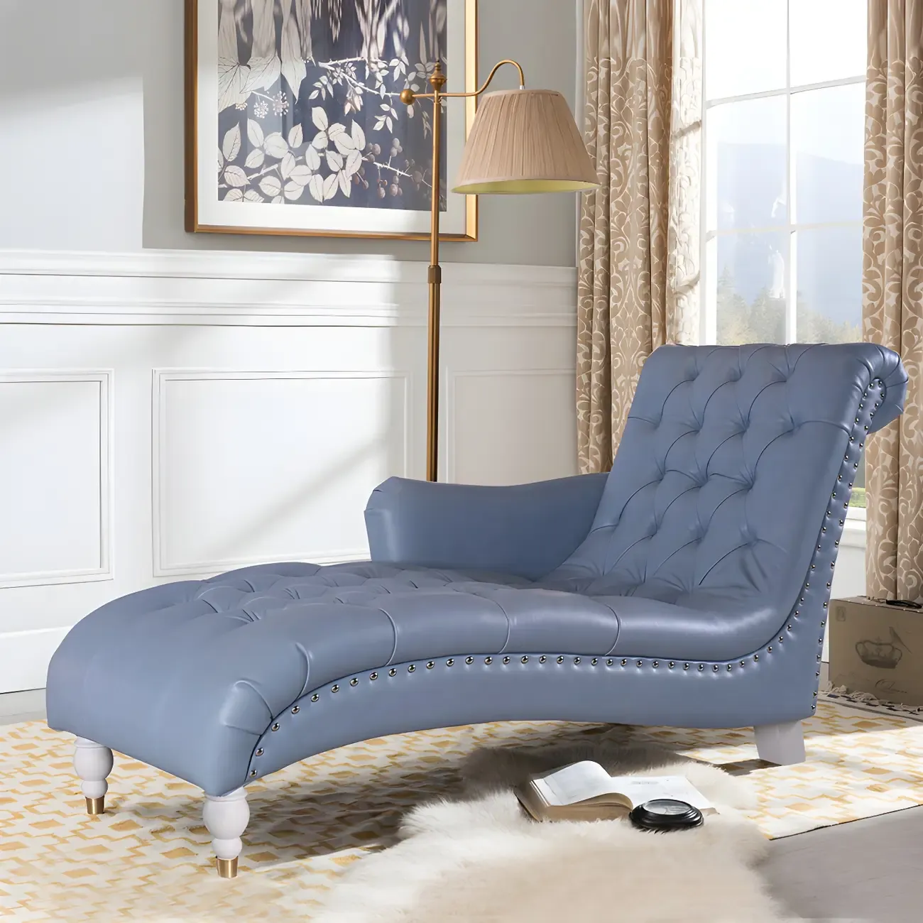 Traditional Genuine Leather Tufted One Armed Chaise Lounge Image - 4