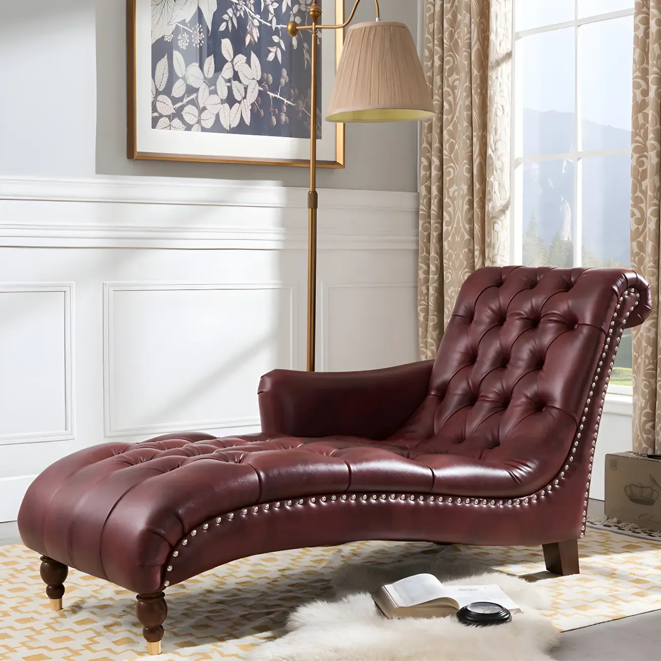 Traditional Genuine Leather Tufted One Armed Chaise Lounge Image - 5