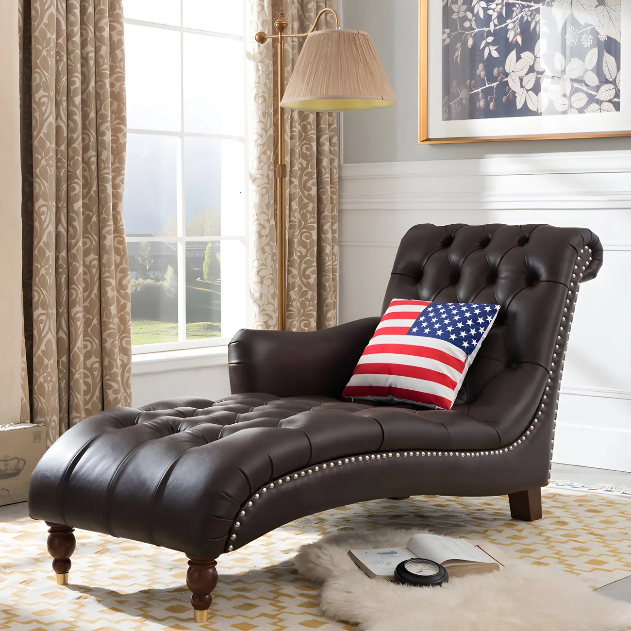 Traditional Genuine Leather Tufted One Armed Chaise Lounge Image - 2 | homeyfad
