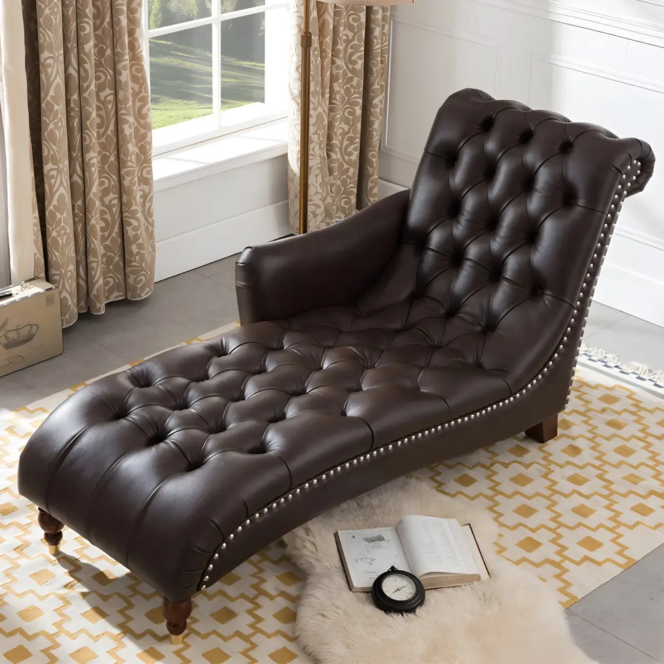 Traditional Genuine Leather Tufted One Armed Chaise Lounge Image - 6