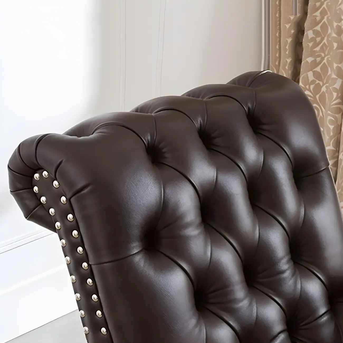Traditional Genuine Leather Tufted One Armed Chaise Lounge Image - 8